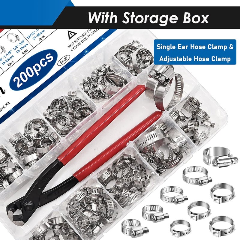 Eoppen 200Pcs 19 Sizes 304 Stainless Steel Single Ear Hose Clamp with Ear Clamp Pincer 5.3-33.1mm & Adjustable 1/4Inch - 2Inch(6-51mm) Hose Clamp Assortment Kit for Automotive, Plumbing, Fuel Line - Image 4